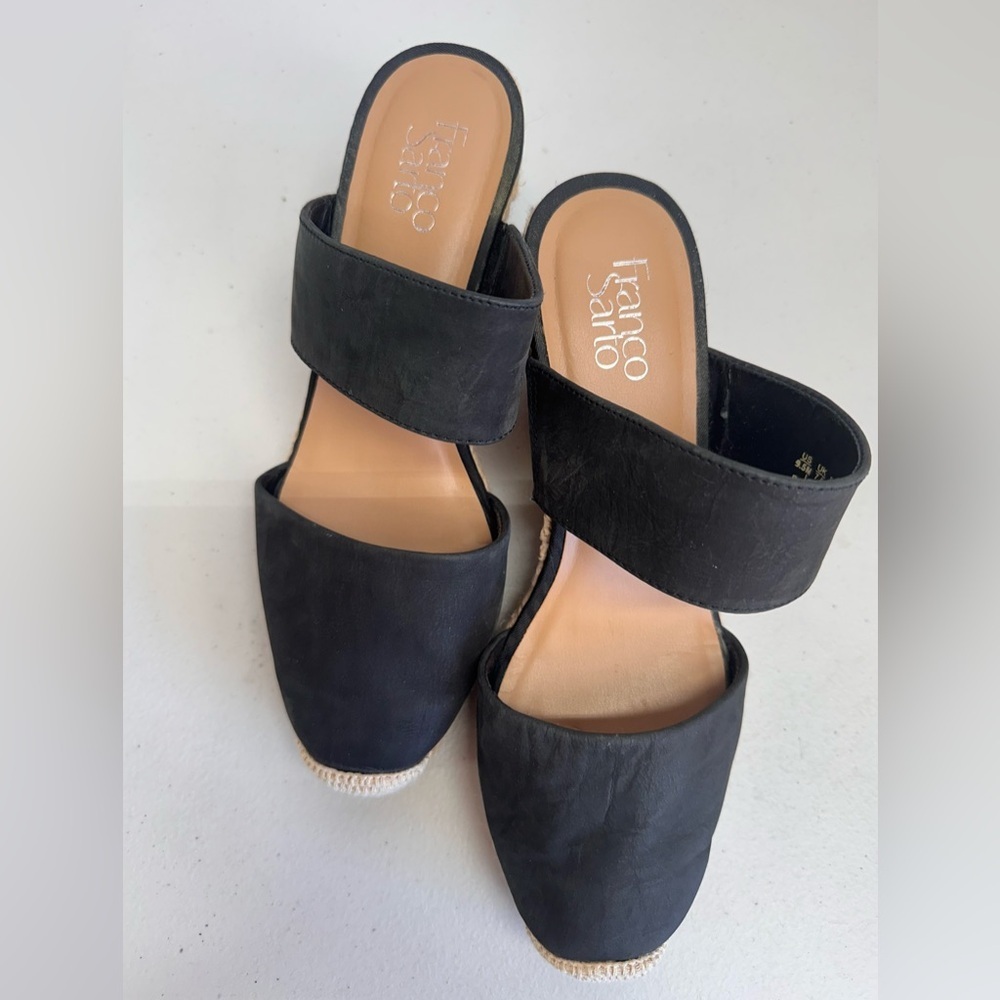 Franco Sarto Black Leather Espadrille Wedge Sandals Size 9.5 - Picture 3 of 6
